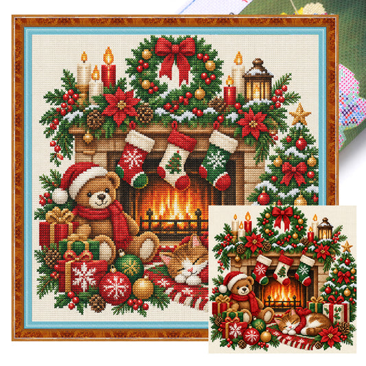 Warmer Winterkamin - Vollständiges 14CT-Stempel-Kreuzstichset 40x40CM - Huacan