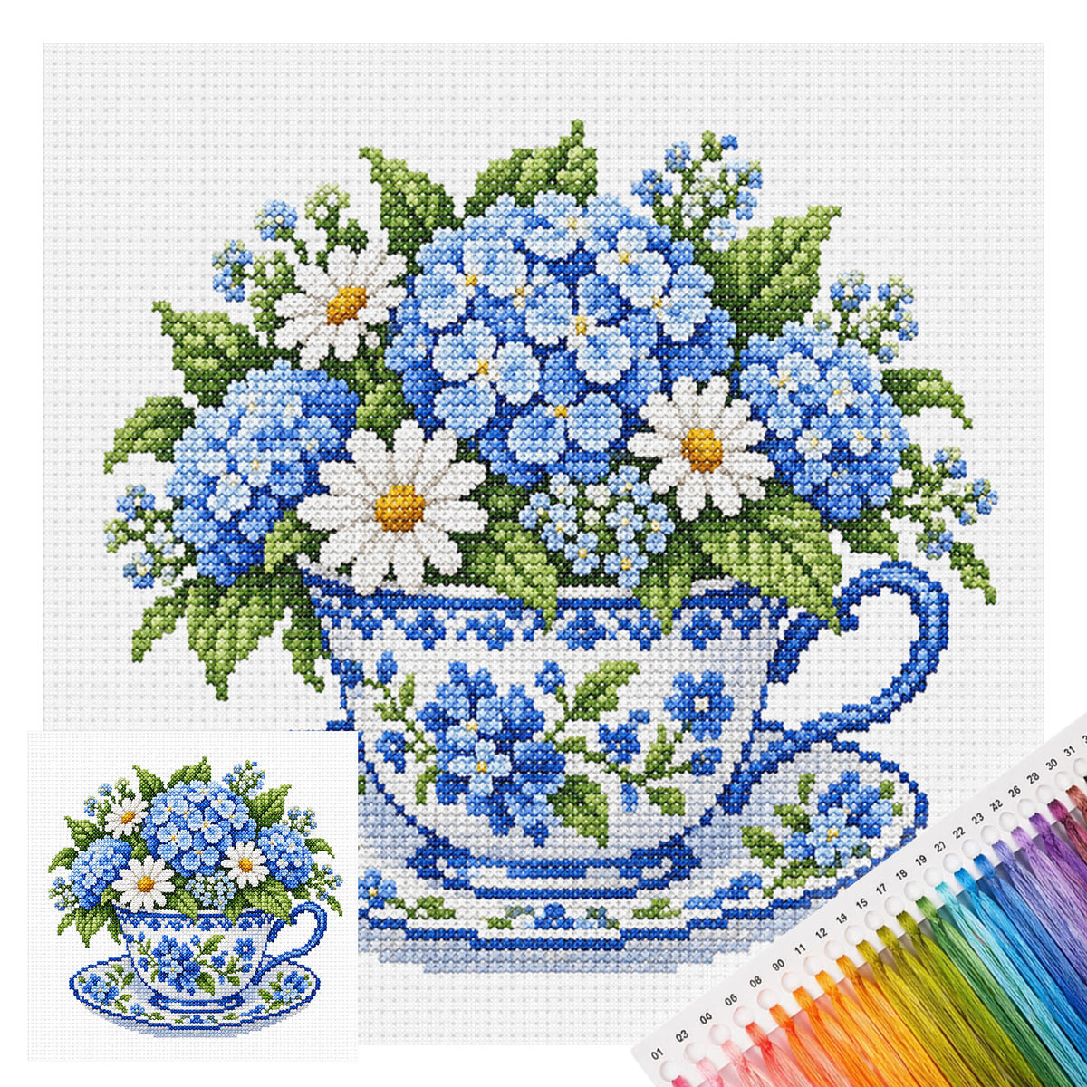 Blaue Hortensien-Tasse - Vollgesticktes Kreuzstichbild 25x25 cm - Huacan