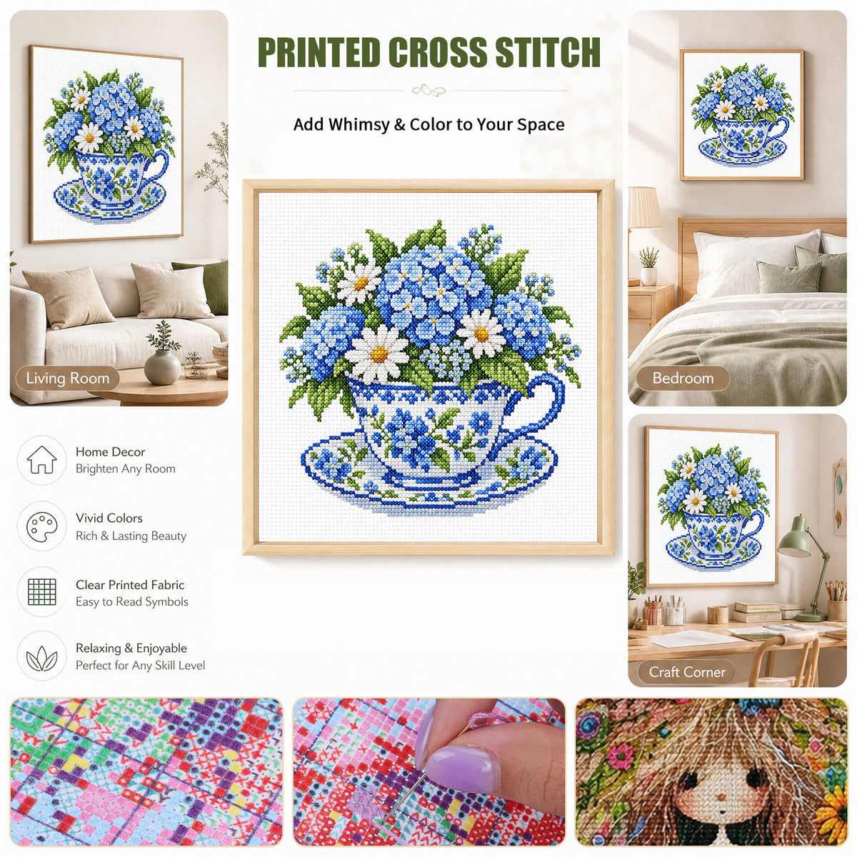 Blaue Hortensien-Tasse - Vollgesticktes Kreuzstichbild 25x25 cm - Huacan