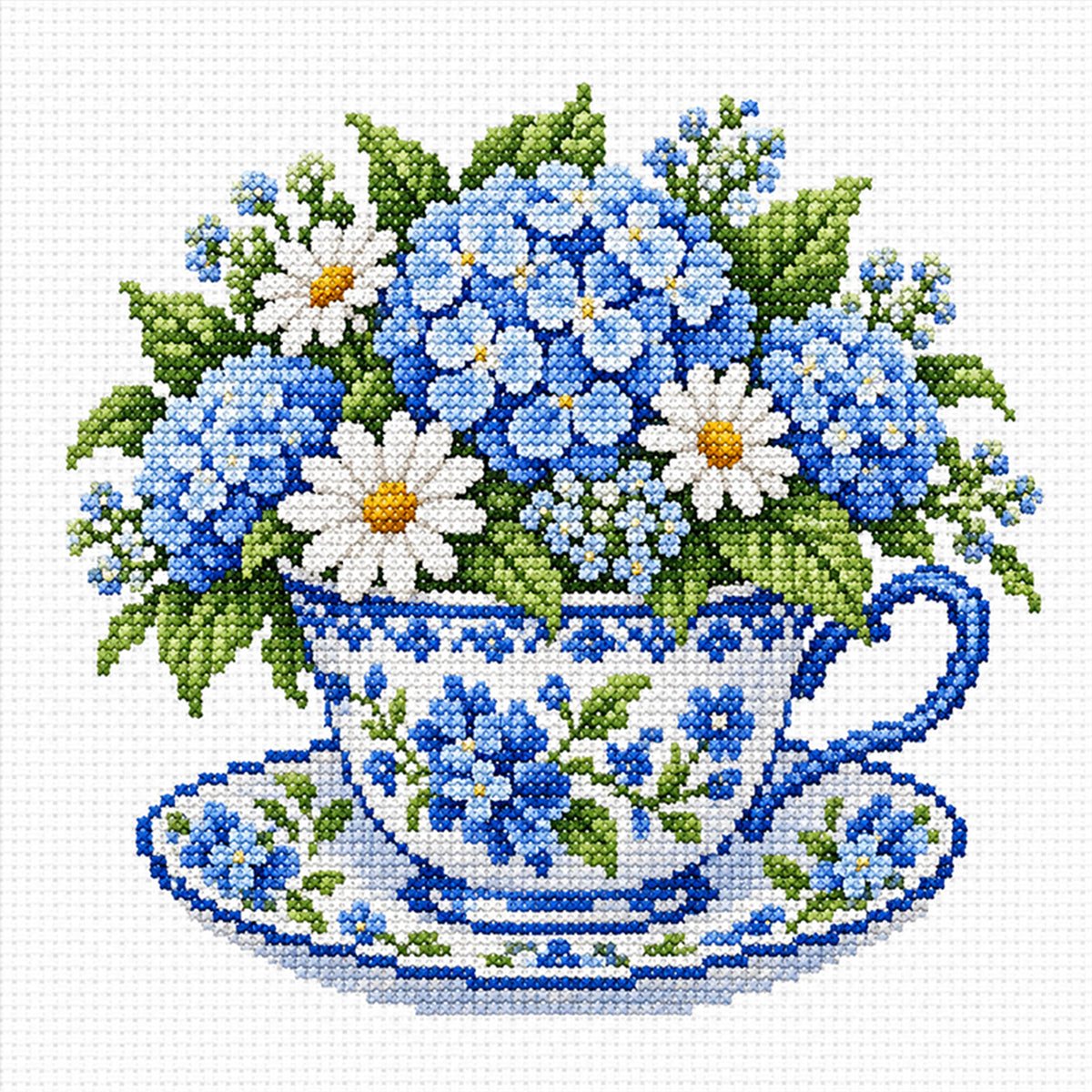 Blaue Hortensien-Tasse - Vollgesticktes Kreuzstichbild 25x25 cm - Huacan