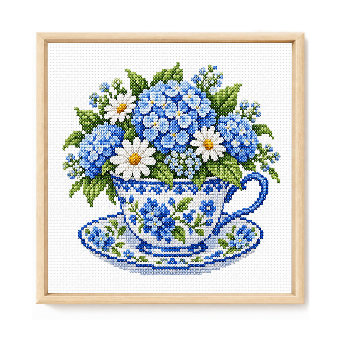 Blaue Hortensien-Tasse - Vollgesticktes Kreuzstichbild 25x25 cm - Huacan