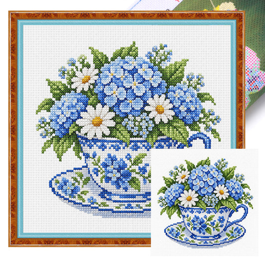 Blaue Hortensien-Tasse - Vollgesticktes Kreuzstichbild 25x25 cm - Huacan