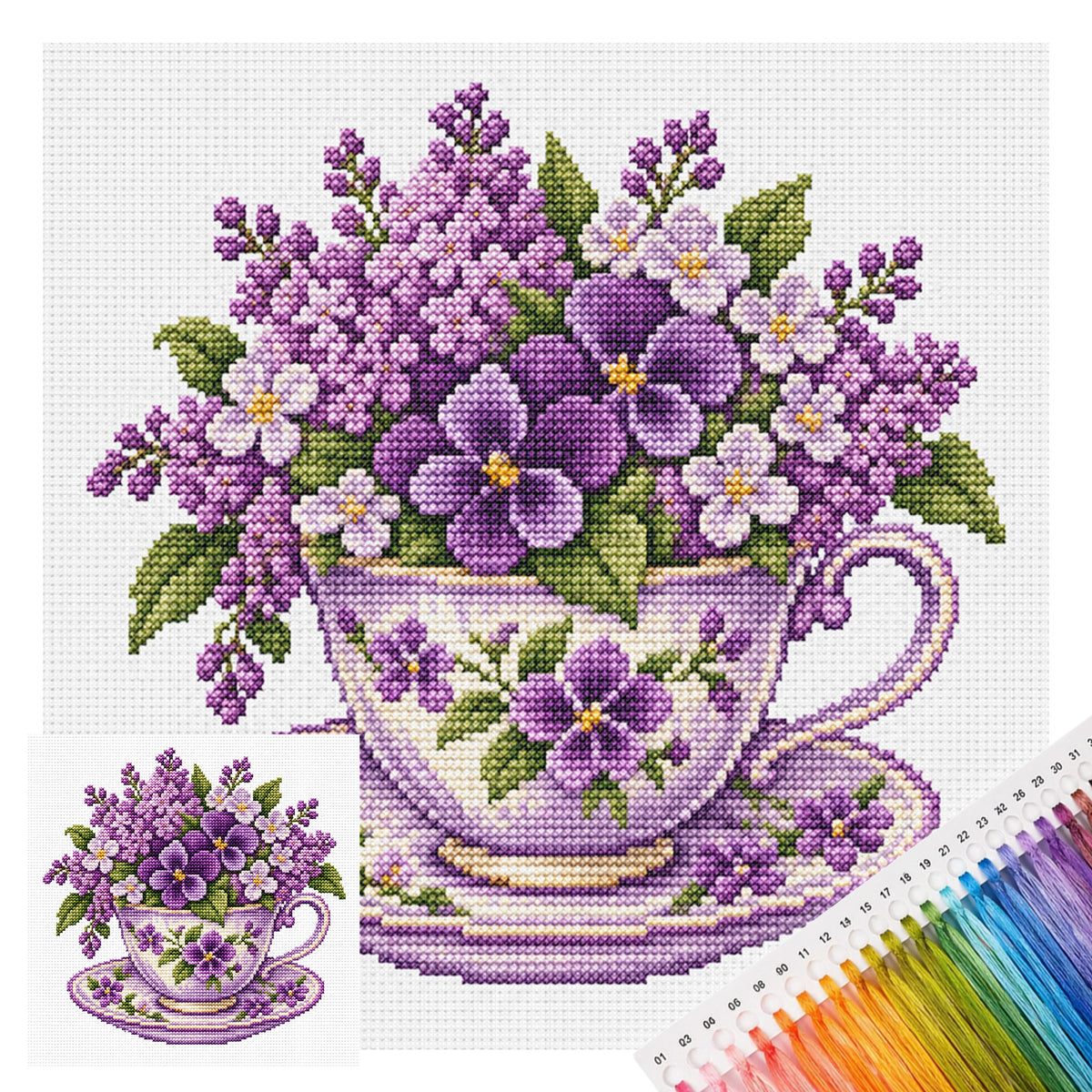 Violett-Tasse - Vollständiges Stempel-Kreuzstich-Set 25x25cm - Huacan