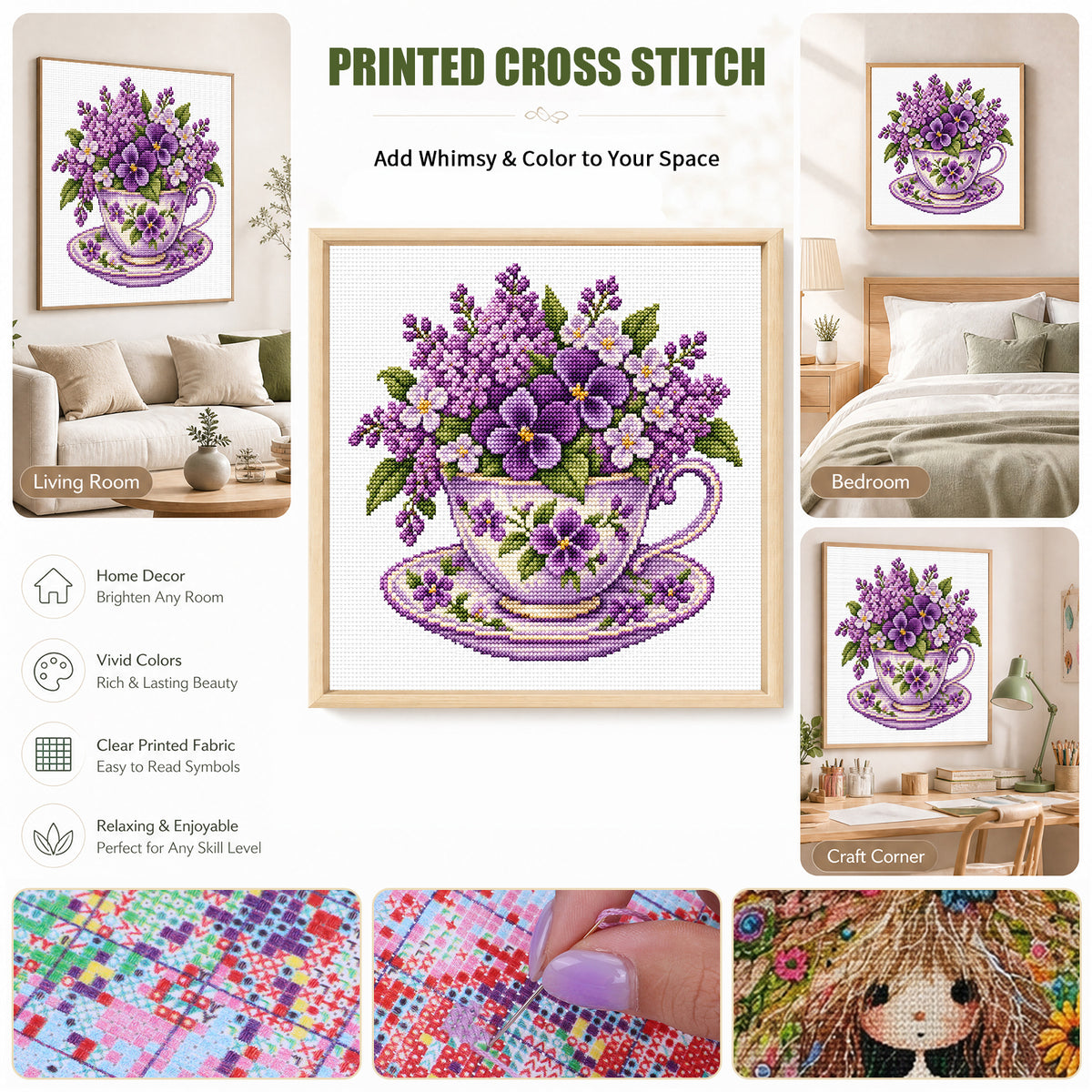 Violett-Tasse - Vollständiges Stempel-Kreuzstich-Set 25x25cm - Huacan