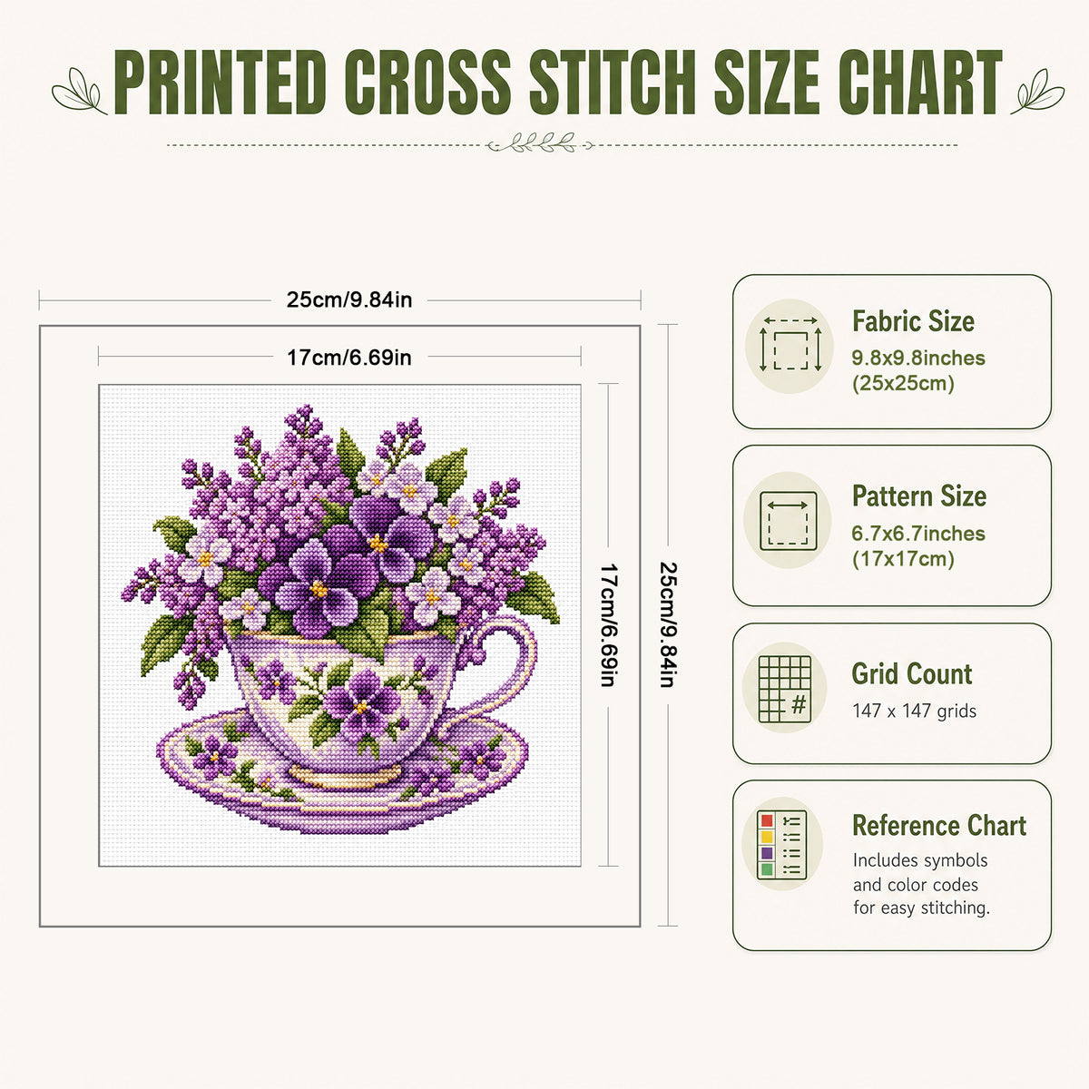 Violett-Tasse - Vollständiges Stempel-Kreuzstich-Set 25x25cm - Huacan