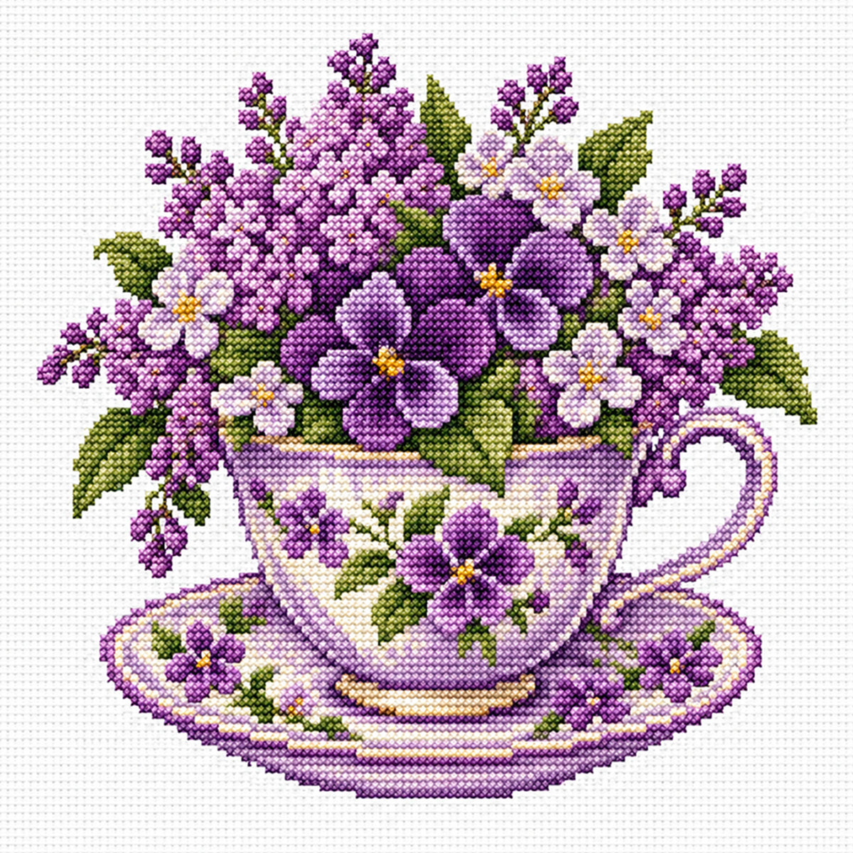 Violett-Tasse - Vollständiges Stempel-Kreuzstich-Set 25x25cm - Huacan