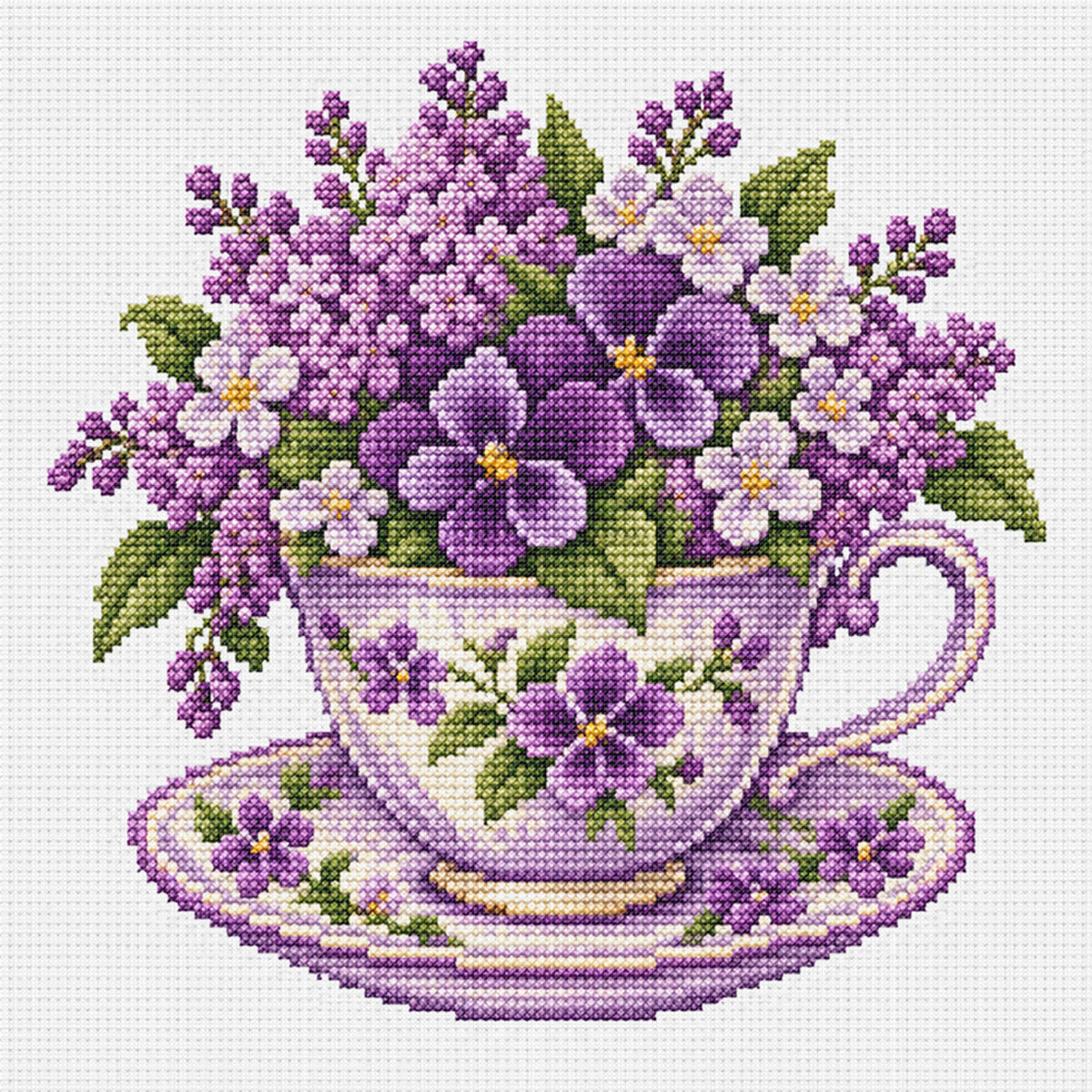 Violett-Tasse - Vollständiges Stempel-Kreuzstich-Set 25x25cm - Huacan