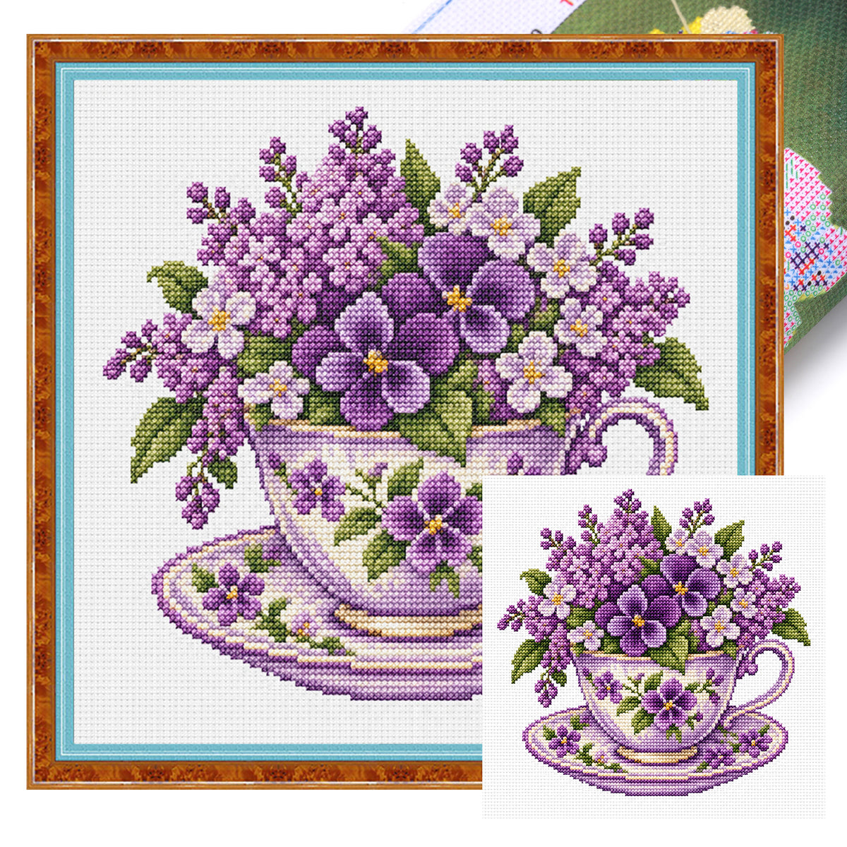 Violett-Tasse - Vollständiges Stempel-Kreuzstich-Set 25x25cm - Huacan