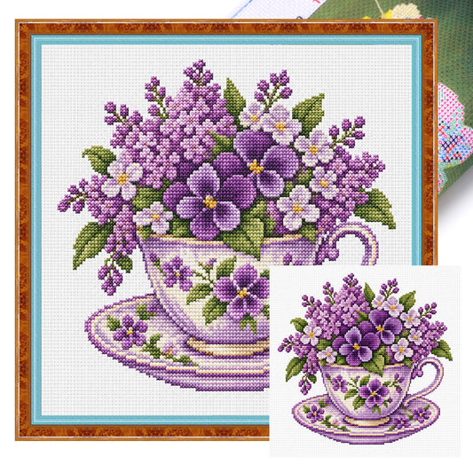 Violett-Tasse - Vollständiges Stempel-Kreuzstich-Set 25x25cm - Huacan