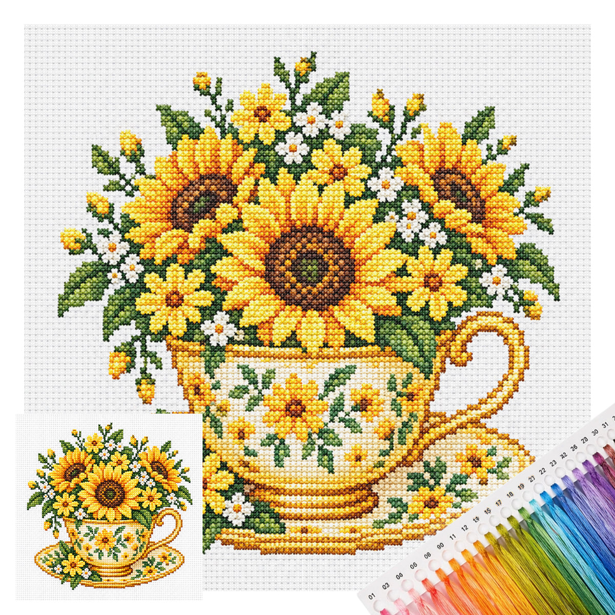 Sonnenblumen-Tasse - Vollständiges Stempel-Kreuzstich-Set 25x25CM - Huacan