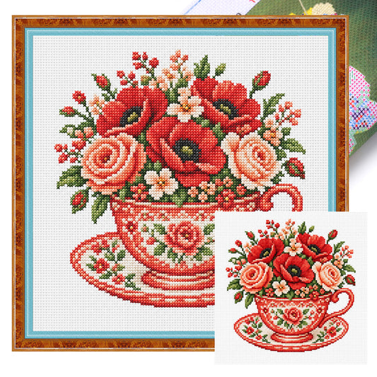 Roter Mohn Tasse - Vollständiges gestempeltes Kreuzstich-Set 25x25cm - Huacan