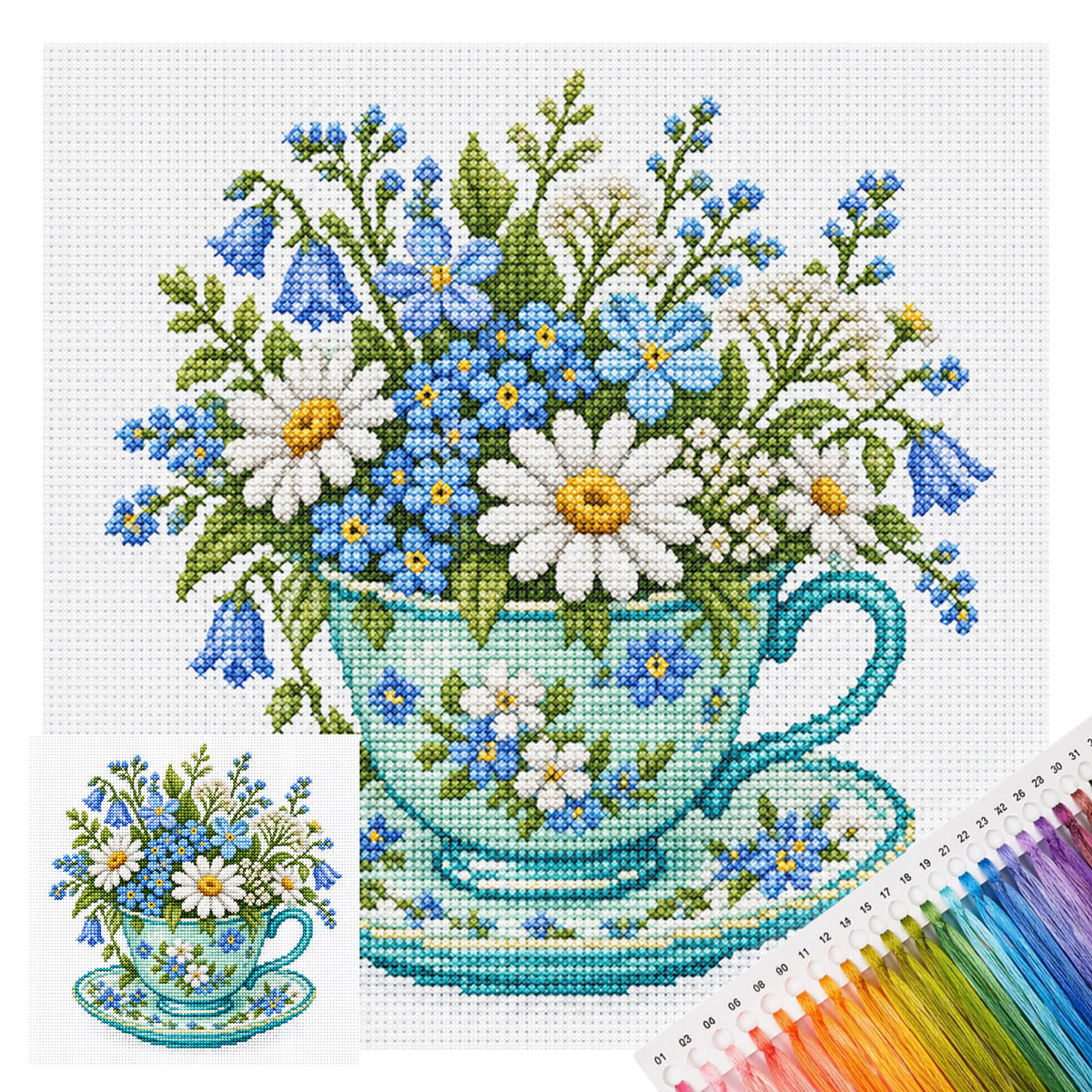 Bluebell Cup - Vollständiges gestempeltes Kreuzstich-Set 25x25cm - Huacan