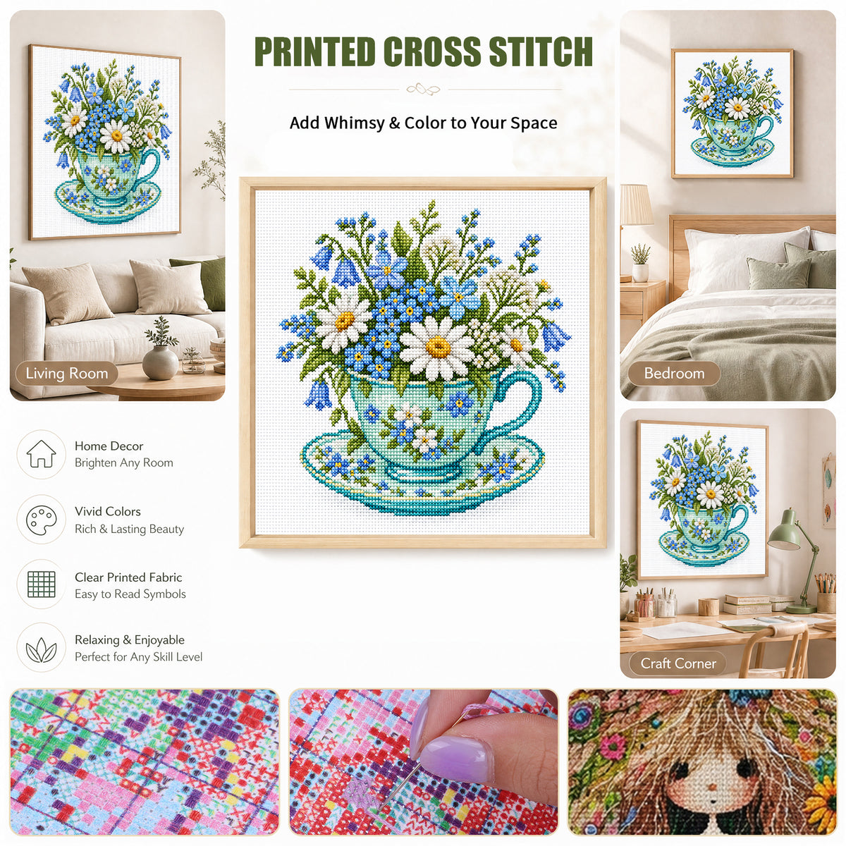 Bluebell Cup - Vollständiges gestempeltes Kreuzstich-Set 25x25cm - Huacan
