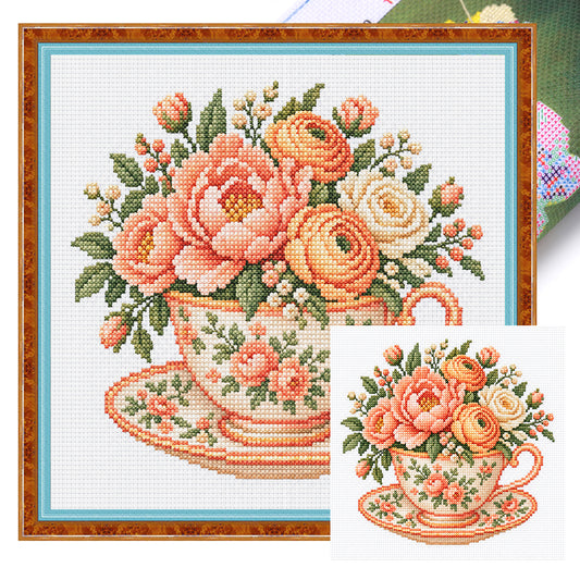 Orange Pfingstrose Tasse - Voll-Stempel Kreuzstich 25x25CM - Huacan