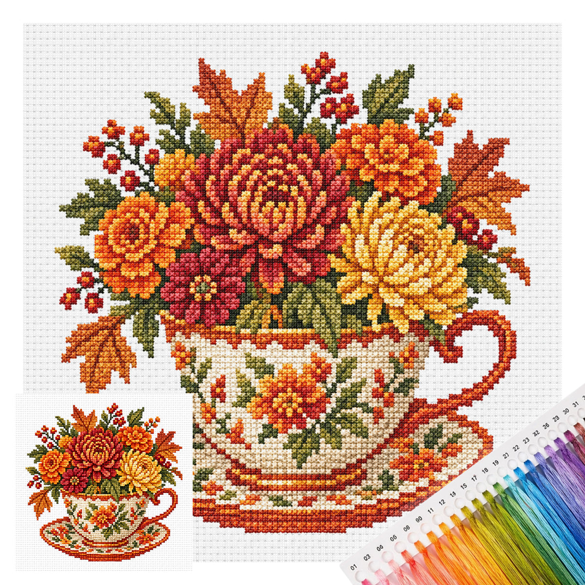Autumn Chrysanthemum Maple Leaf Cup - Full Stamped Cross Stitch 25x25CM - Huacan