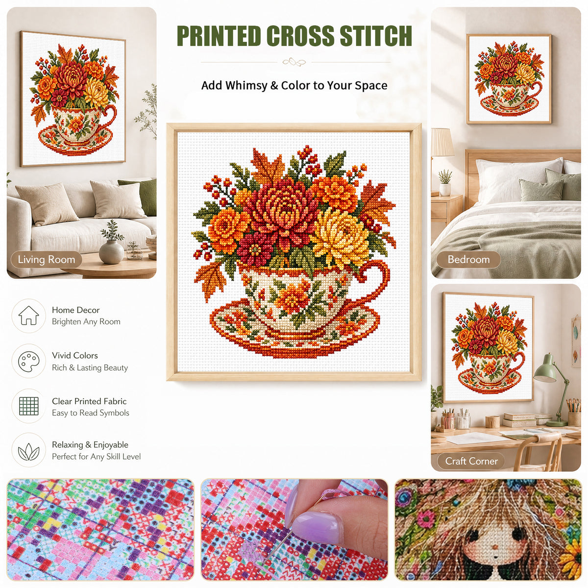 Autumn Chrysanthemum Maple Leaf Cup - Full Stamped Cross Stitch 25x25CM - Huacan
