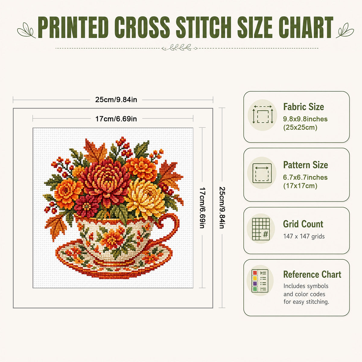 Autumn Chrysanthemum Maple Leaf Cup - Full Stamped Cross Stitch 25x25CM - Huacan