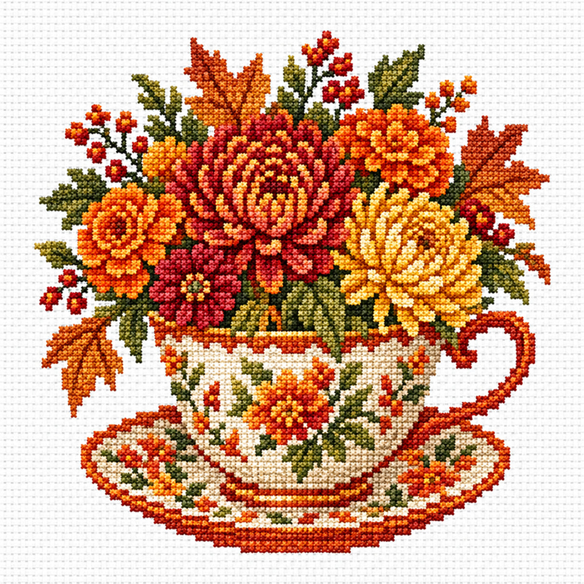 Autumn Chrysanthemum Maple Leaf Cup - Full Stamped Cross Stitch 25x25CM - Huacan