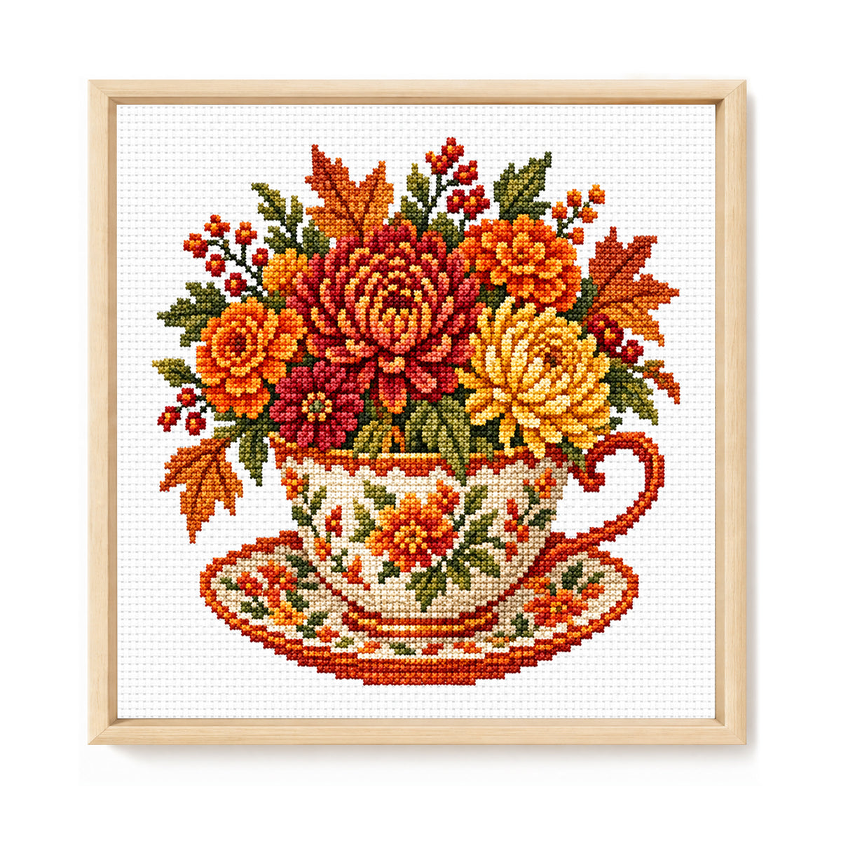 Autumn Chrysanthemum Maple Leaf Cup - Full Stamped Cross Stitch 25x25CM - Huacan