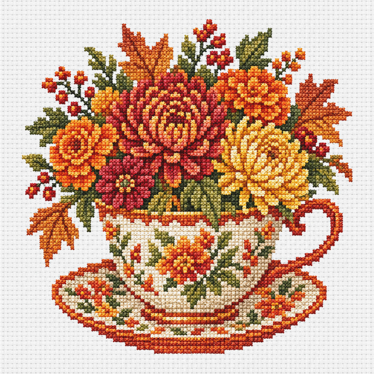 Autumn Chrysanthemum Maple Leaf Cup - Full Stamped Cross Stitch 25x25CM - Huacan