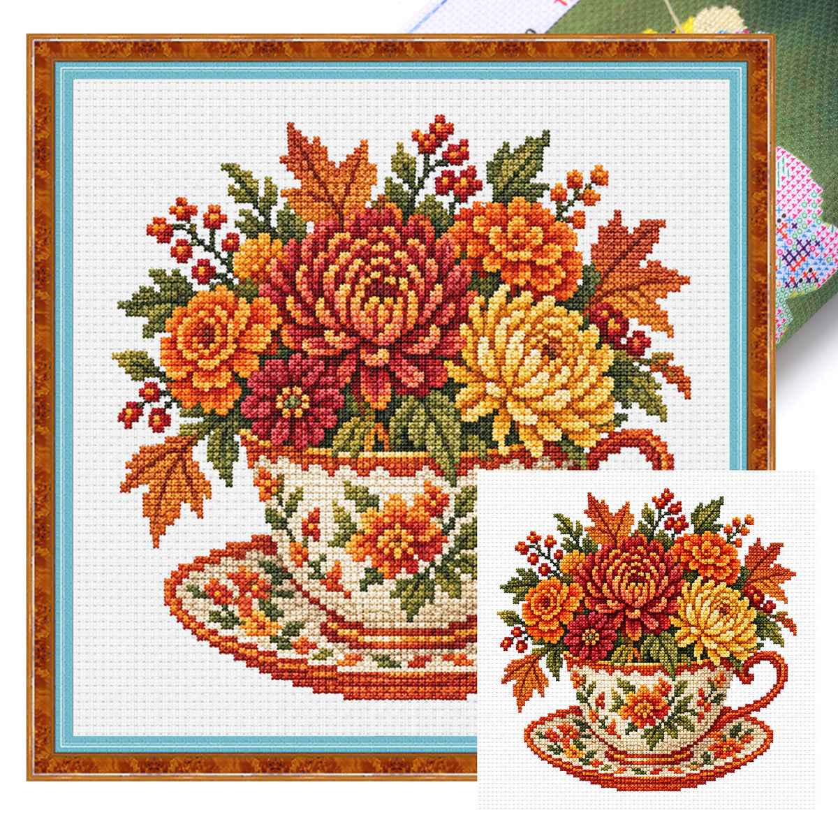 Autumn Chrysanthemum Maple Leaf Cup - Full Stamped Cross Stitch 25x25CM - Huacan