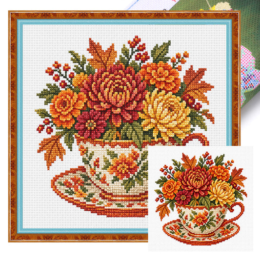Herbst-Chrysanthemen-Ahornblatt-Tasse - Vollflächiges Stempel-Kreuzstichset 25x25cm - Huacan