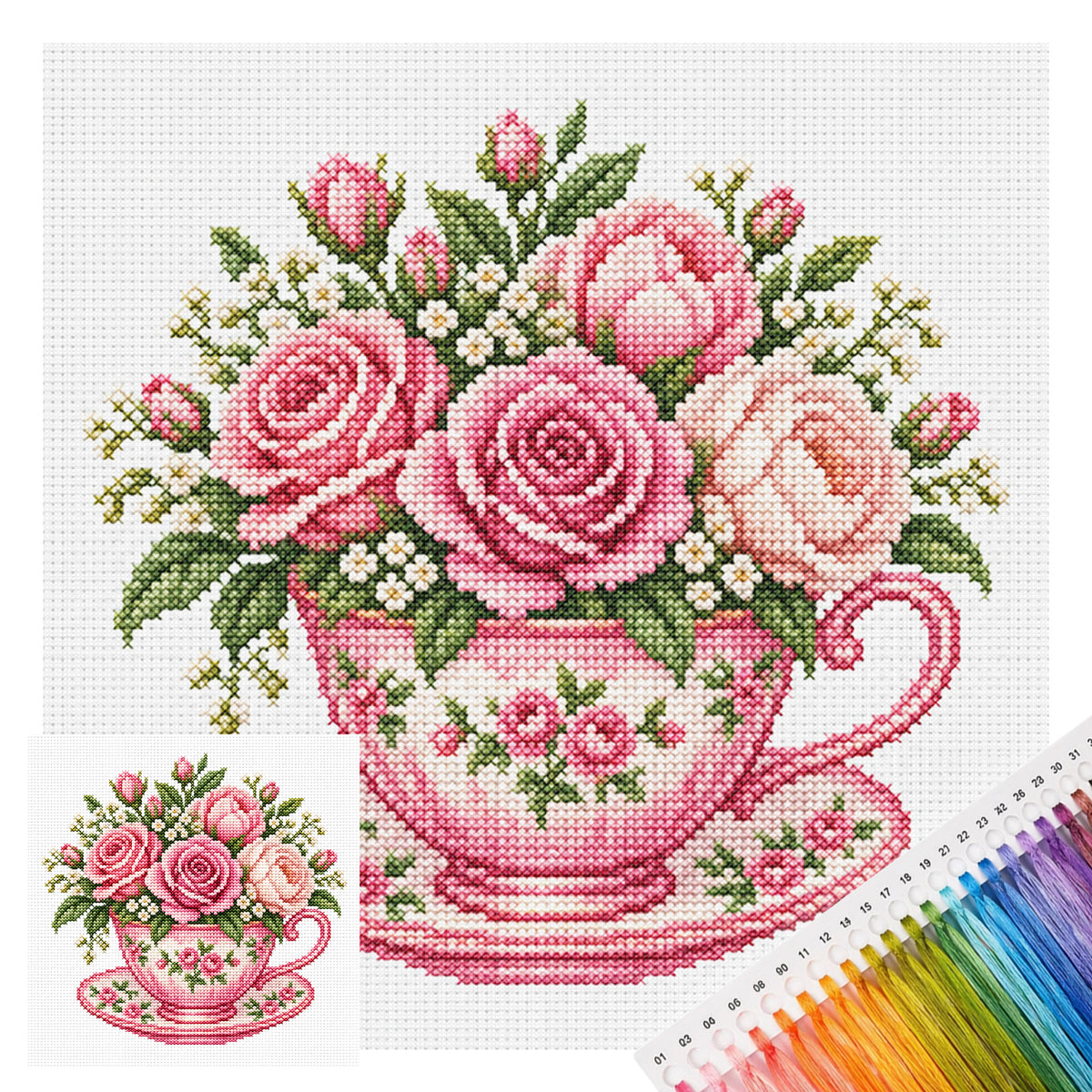 Rosa Rosen-Tasse – Vollständig gesticktes Kreuzstichbild 25x25 cm – Huacan