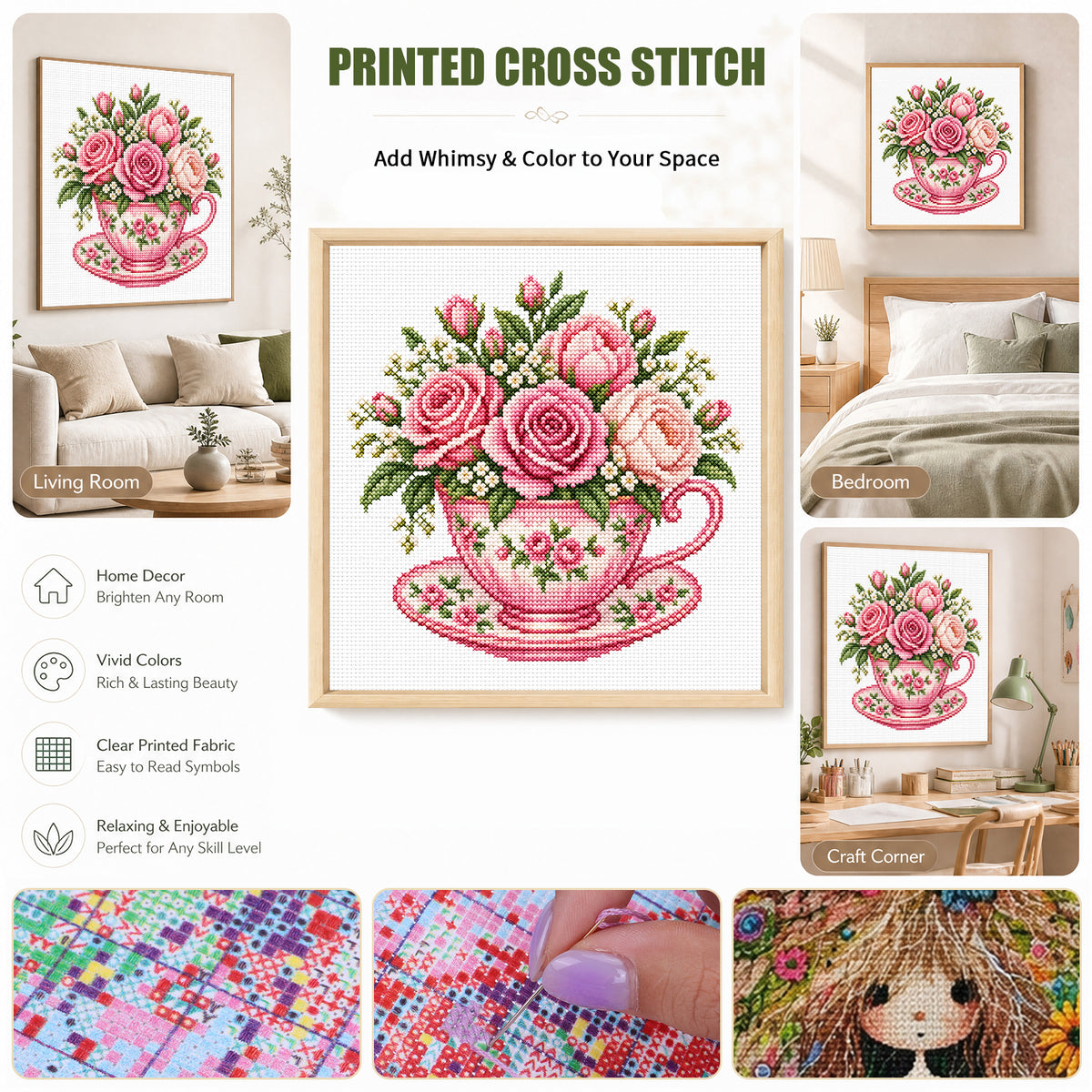 Rosa Rosen-Tasse – Vollständig gesticktes Kreuzstichbild 25x25 cm – Huacan