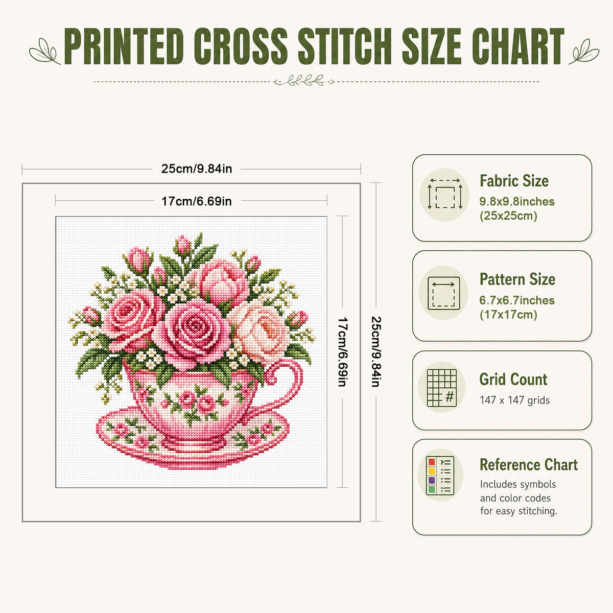 Rosa Rosen-Tasse – Vollständig gesticktes Kreuzstichbild 25x25 cm – Huacan