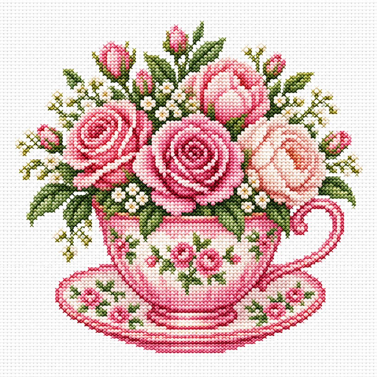 Rosa Rosen-Tasse – Vollständig gesticktes Kreuzstichbild 25x25 cm – Huacan