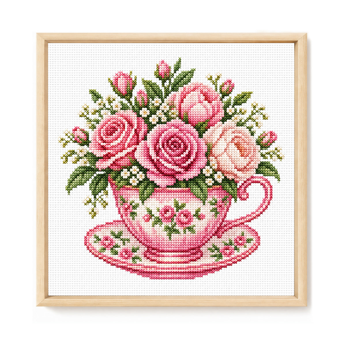 Rosa Rosen-Tasse – Vollständig gesticktes Kreuzstichbild 25x25 cm – Huacan