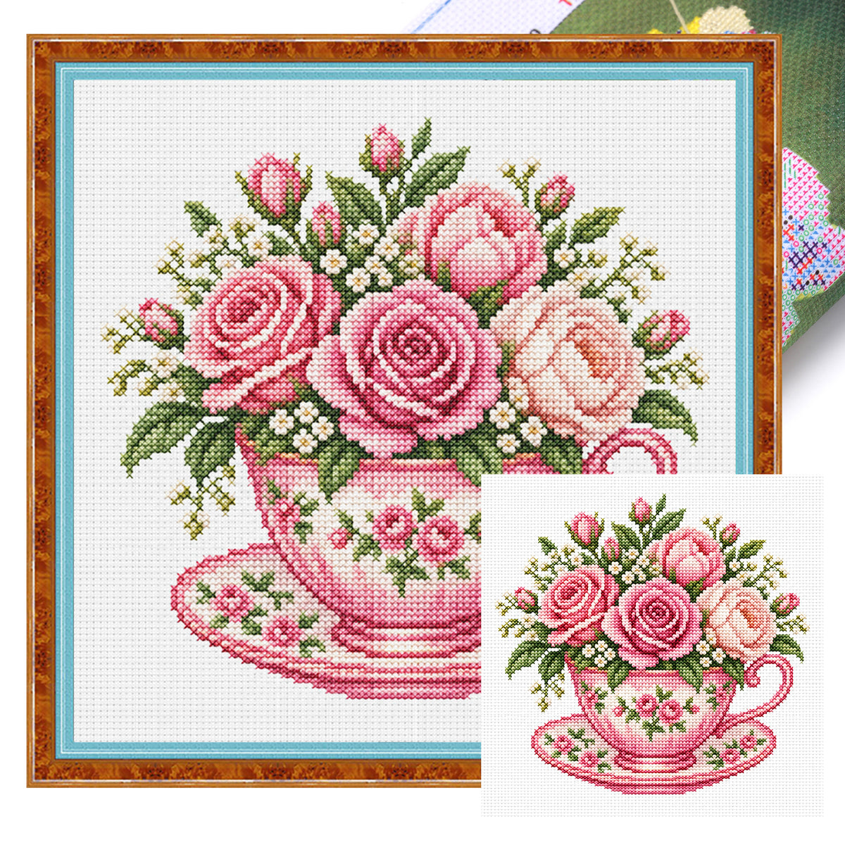 Rosa Rosen-Tasse – Vollständig gesticktes Kreuzstichbild 25x25 cm – Huacan