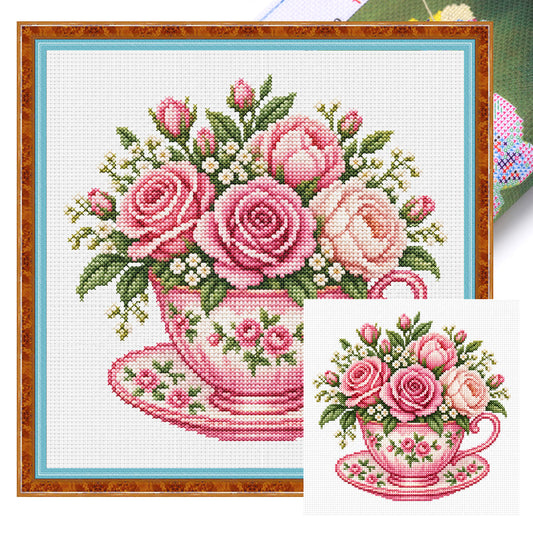 Rosa Rosen-Tasse – Vollständig gesticktes Kreuzstichbild 25x25 cm – Huacan