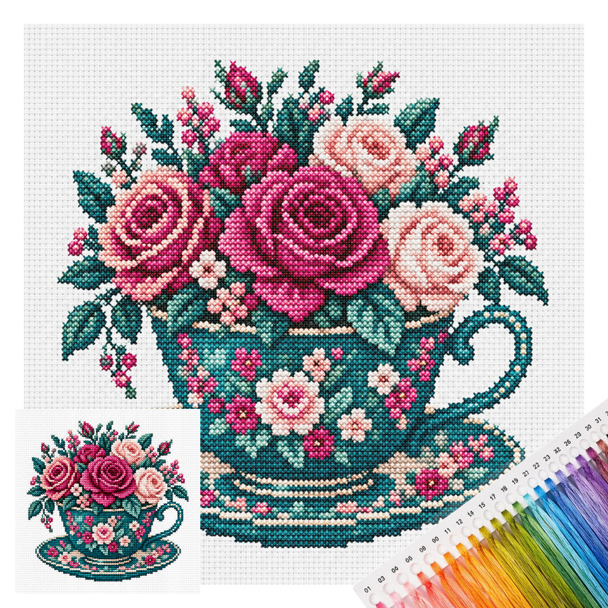 Dark Rose Cup - Full Stamped Cross Stitch 25x25CM - Huacan