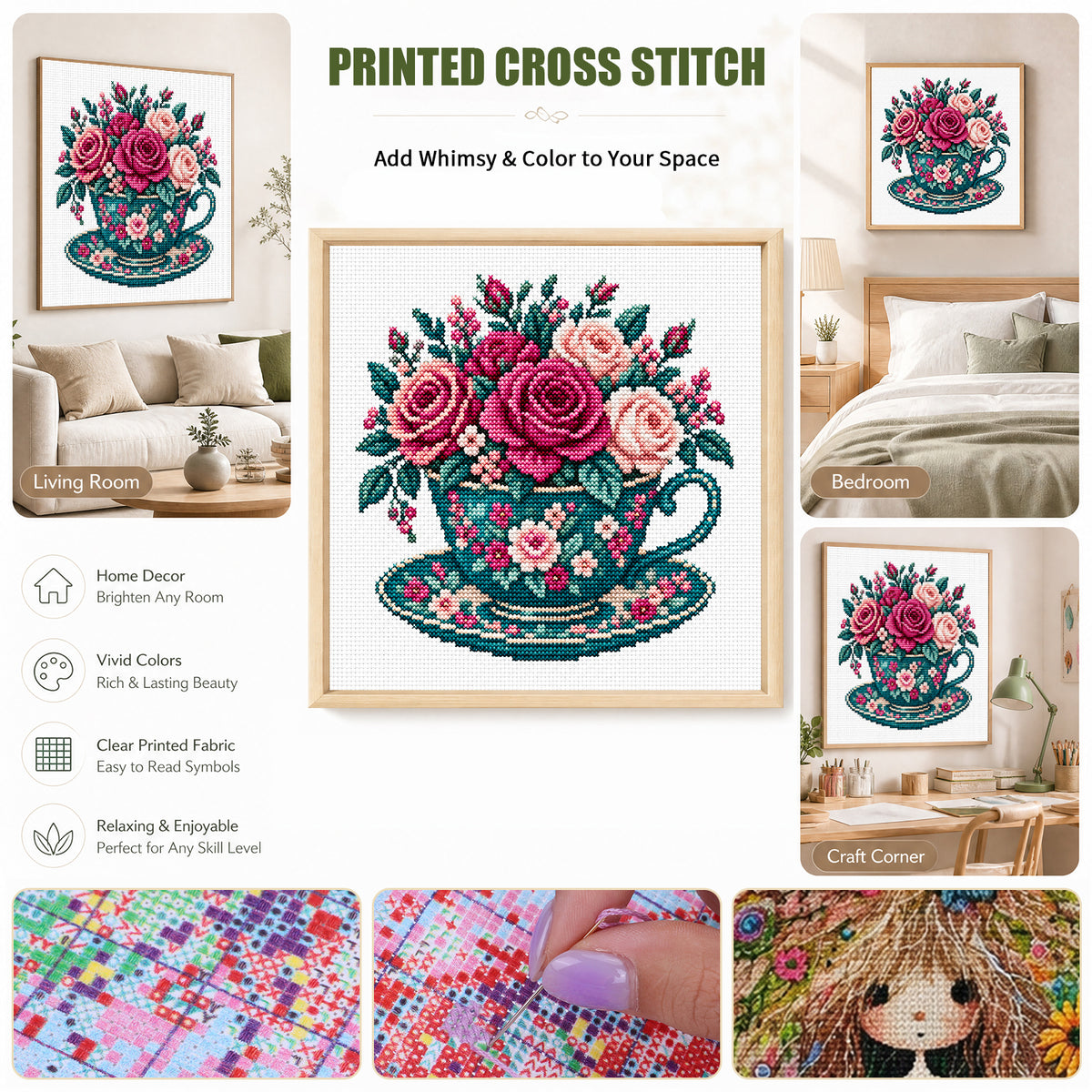 Dark Rose Cup - Full Stamped Cross Stitch 25x25CM - Huacan