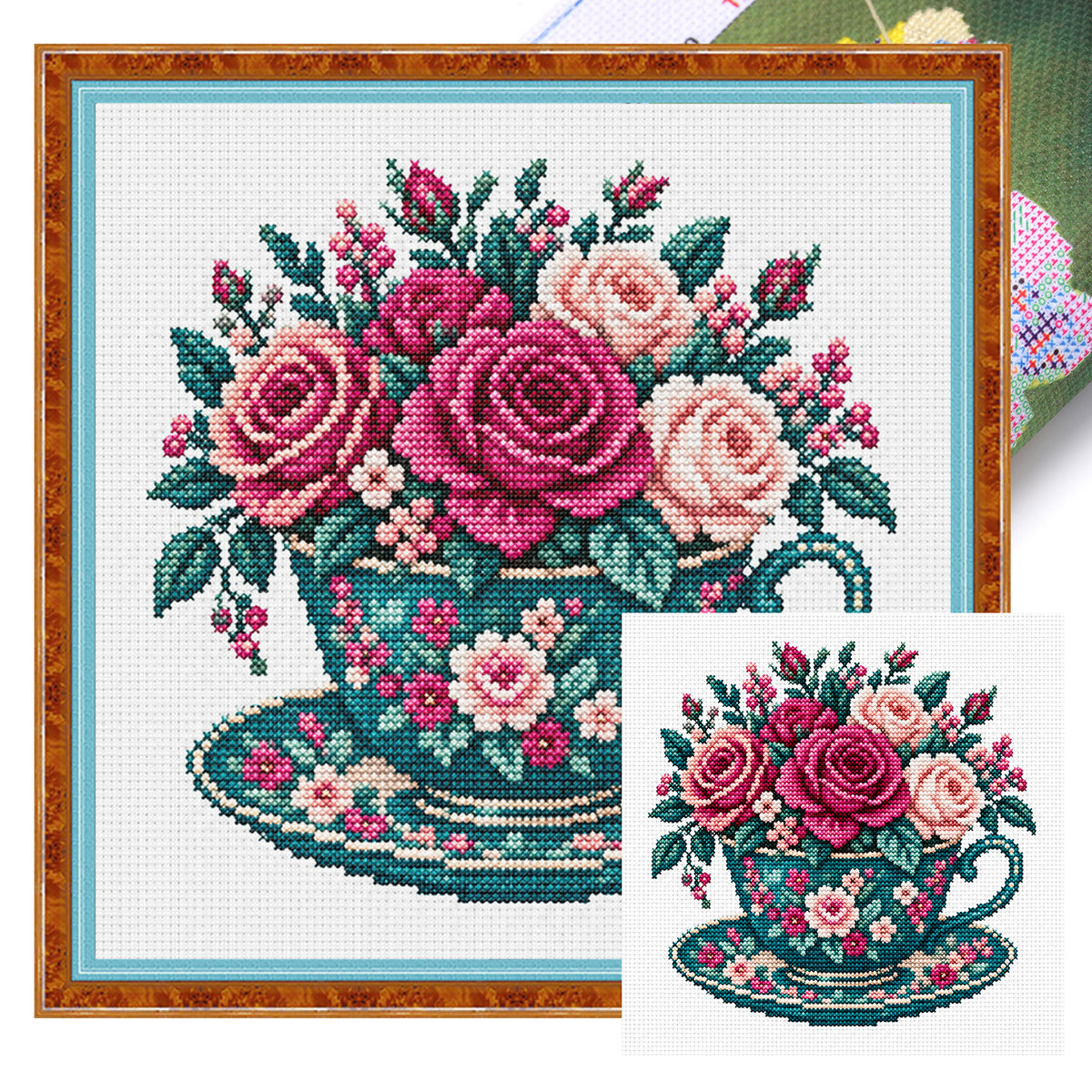 Dark Rose Cup - Full Stamped Cross Stitch 25x25CM - Huacan