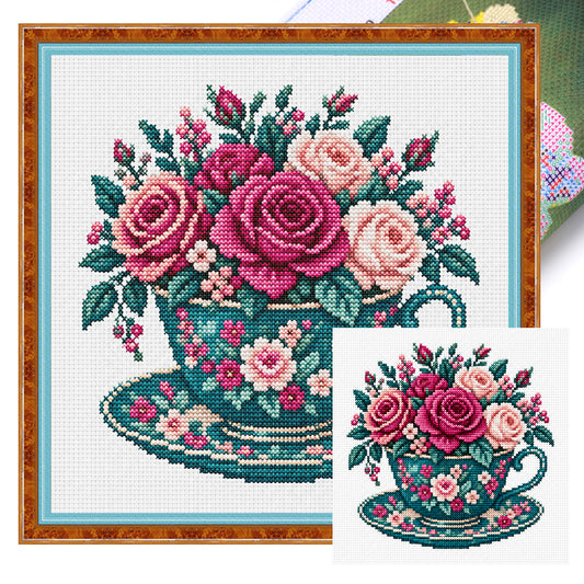 Dunkle Rosen-Tasse – Vollflächiges Stickset (Kreuzstich) 25x25 cm – Huacan