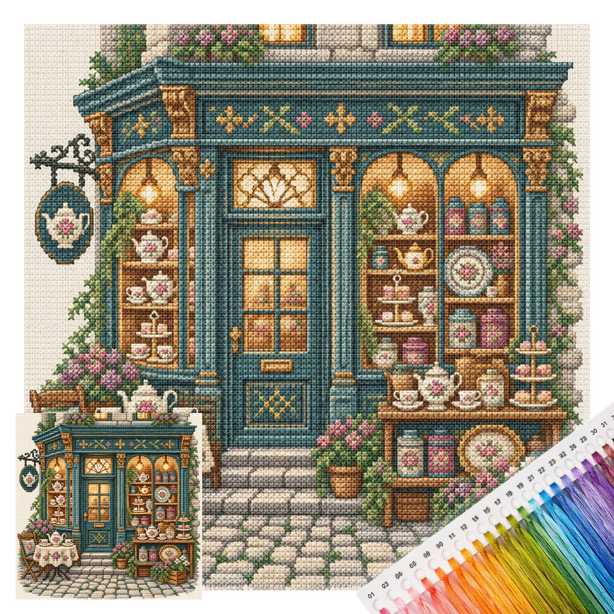 Elegantes Teehaus - Vollständiges 11CT gestempeltes Kreuzstich-Set 45x45CM - Huacan