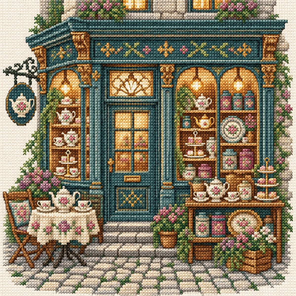 Elegantes Teehaus - Vollständiges 11CT gestempeltes Kreuzstich-Set 45x45CM - Huacan