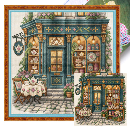 Elegantes Teehaus - Vollständiges 11CT gestempeltes Kreuzstich-Set 45x45CM - Huacan