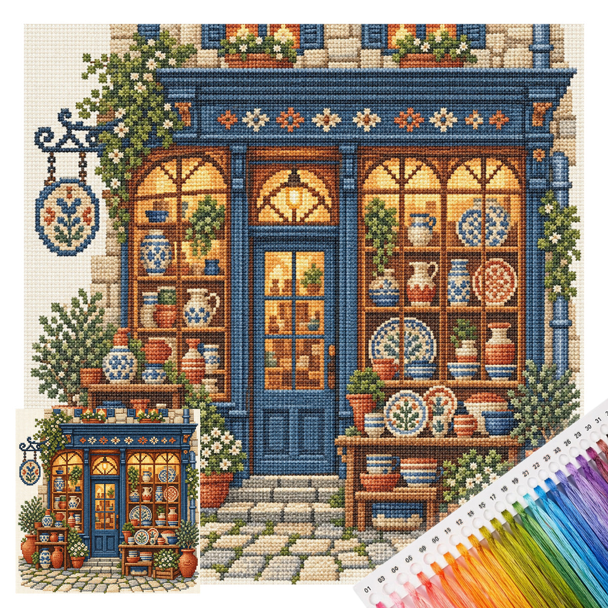 Ceramic Shop - Full 11CT Stamped Cross Stitch 45x45CM - Huacan