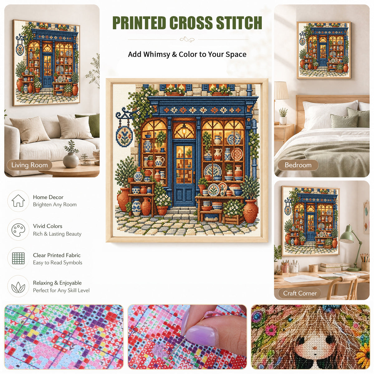 Ceramic Shop - Full 11CT Stamped Cross Stitch 45x45CM - Huacan