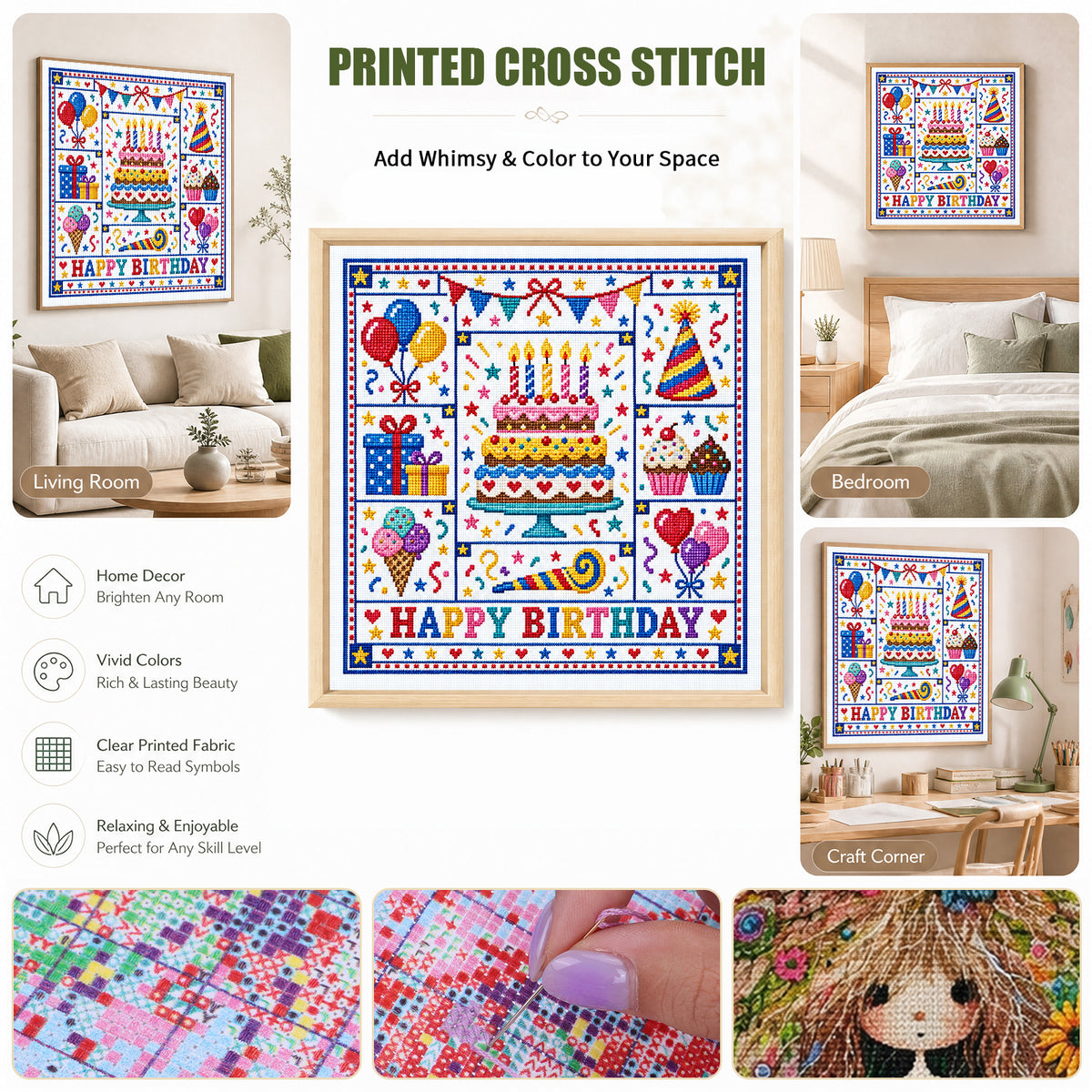 Birthday - Full 14CT Stamped Cross Stitch 45x45CM - Huacan