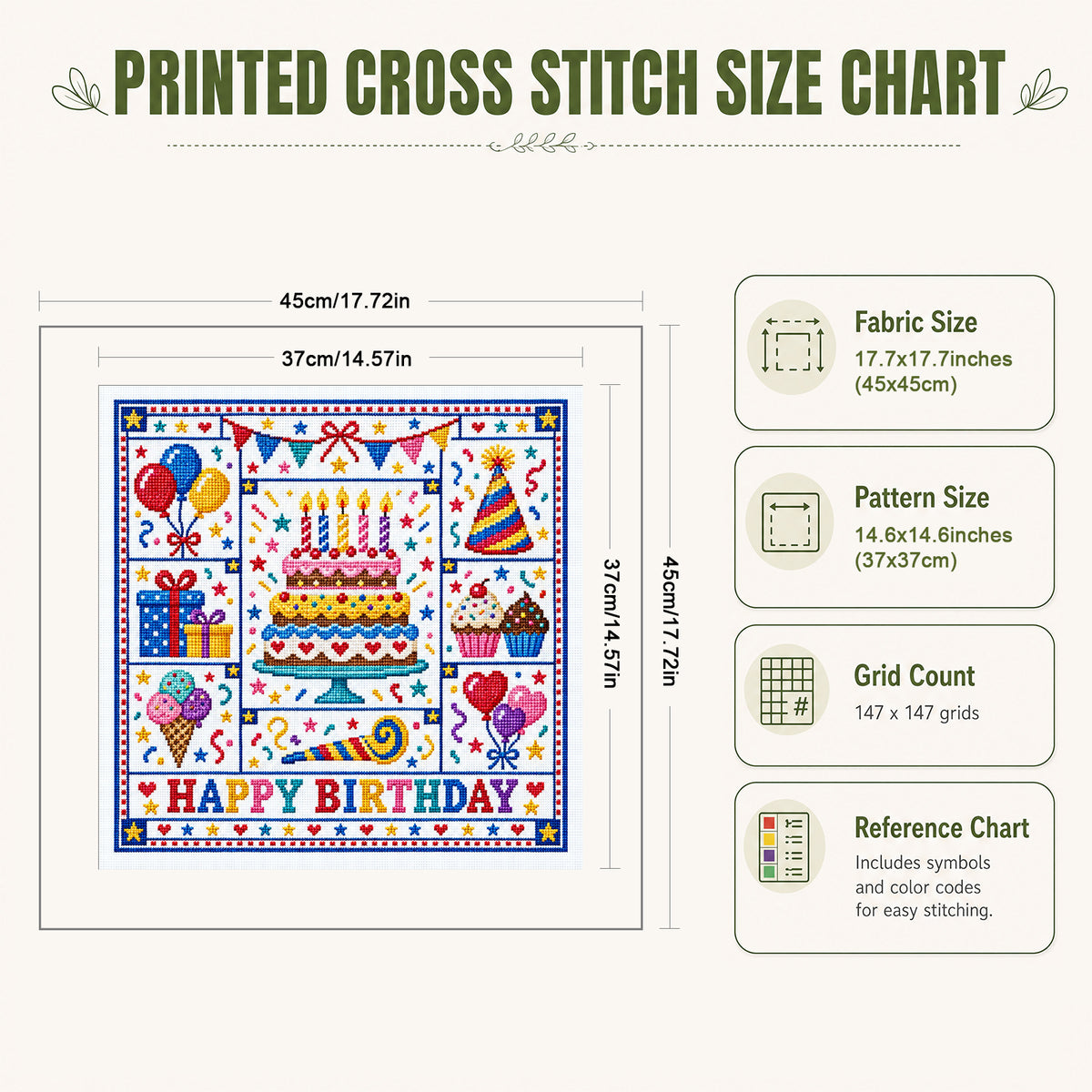 Birthday - Full 14CT Stamped Cross Stitch 45x45CM - Huacan