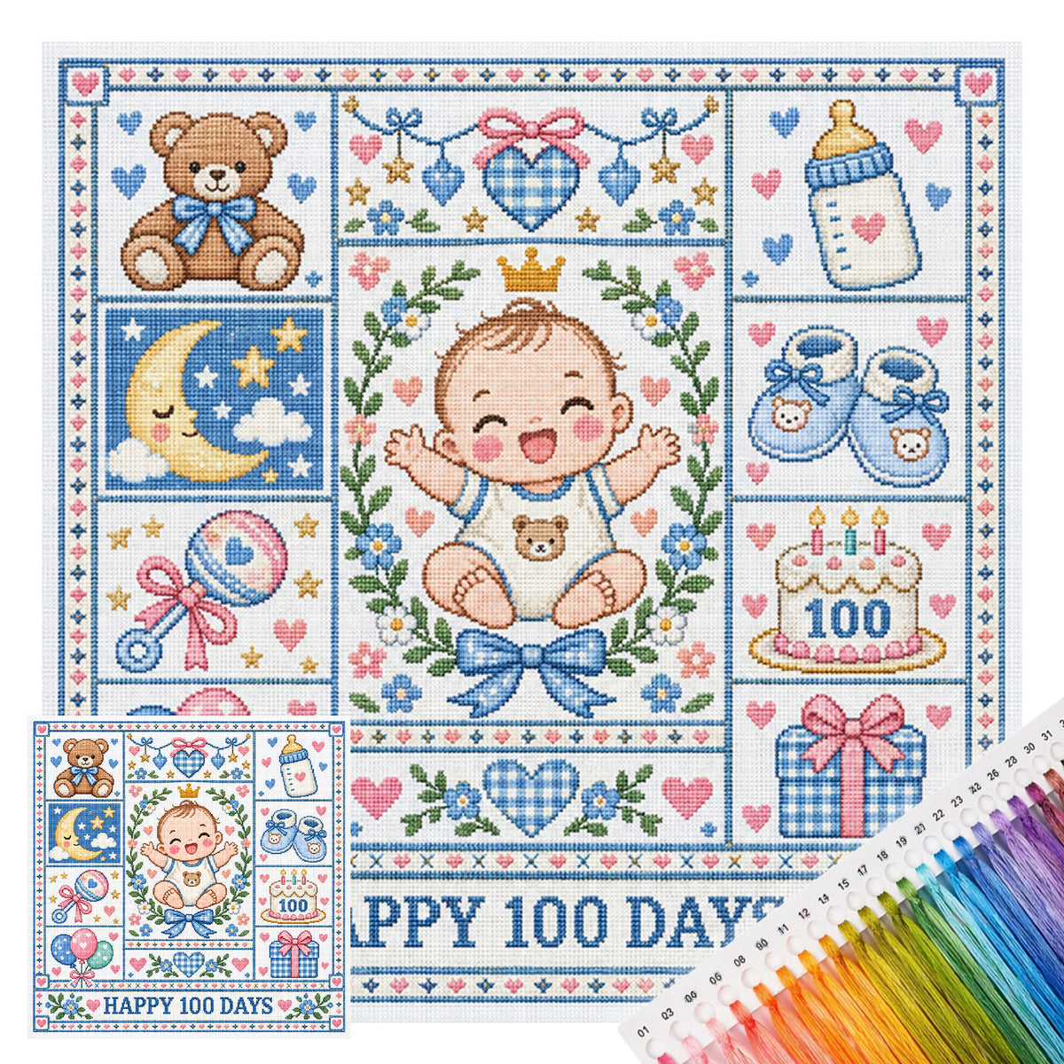 Baby 100 Days - Full 14CT Stamped Cross Stitch 45x45CM - Huacan