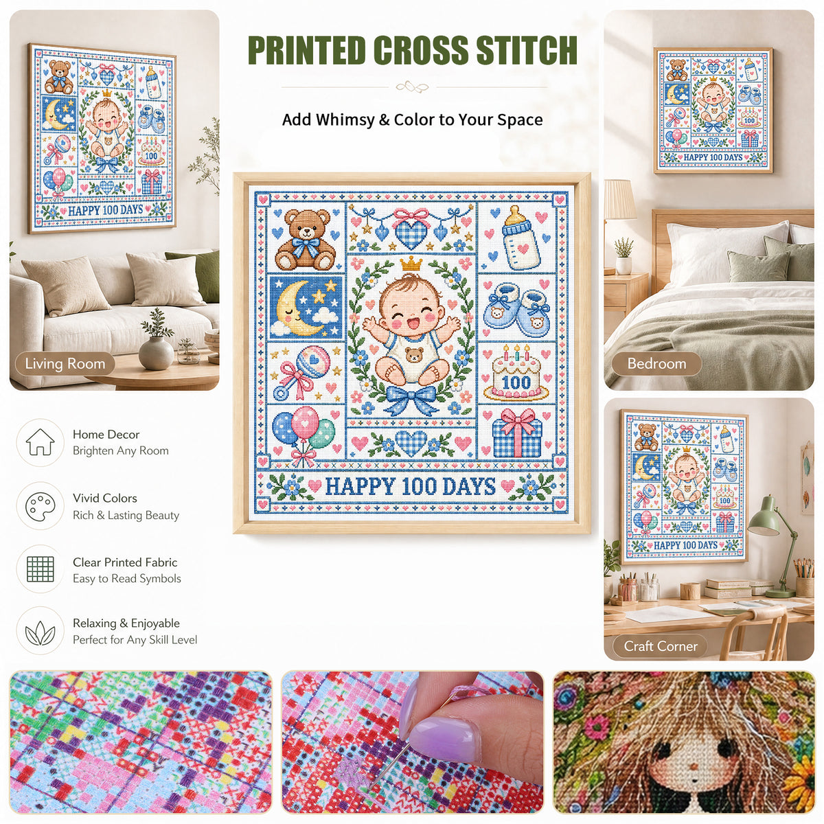Baby 100 Days - Full 14CT Stamped Cross Stitch 45x45CM - Huacan