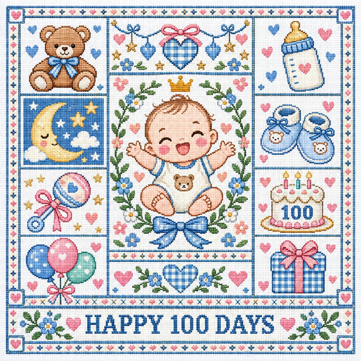 Baby 100 Days - Full 14CT Stamped Cross Stitch 45x45CM - Huacan