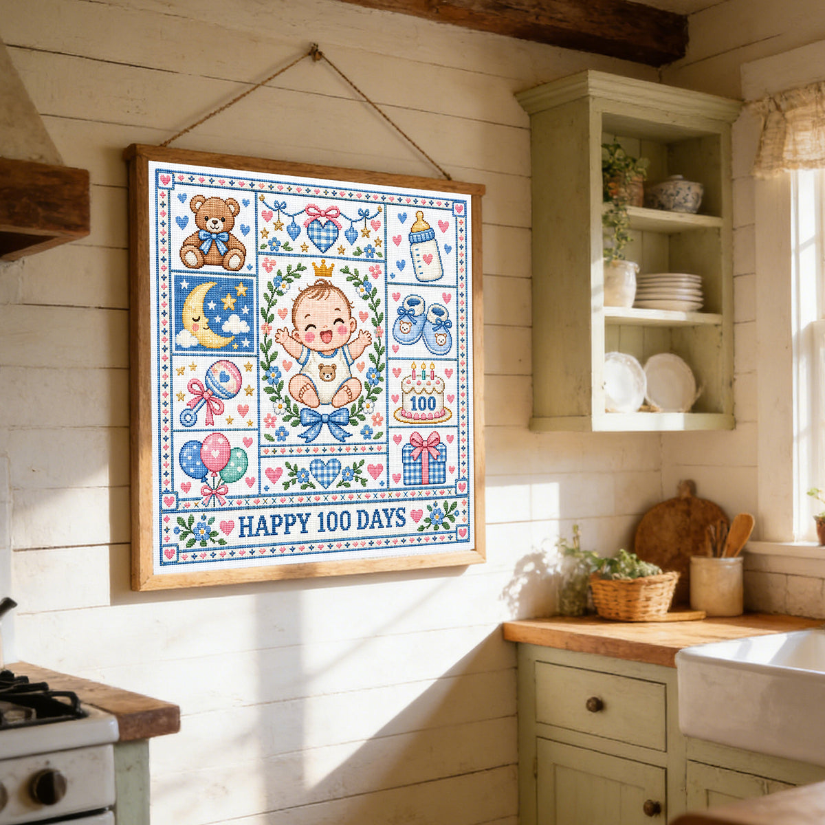 Baby 100 Days - Full 14CT Stamped Cross Stitch 45x45CM - Huacan