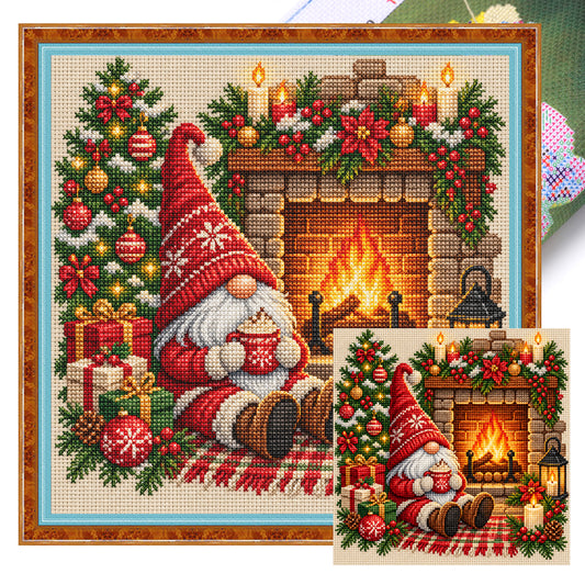 Red Hat Kamin Gnom - Vollständiges 11CT Stanz-Kreuzstich-Set 45x45CM - Huacan