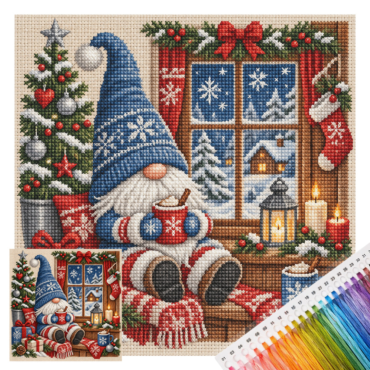 Blaues Fenster Winter-Wichtel - Komplettes 11CT Stempel-Kreuzstich-Set 45x45CM - Huacan